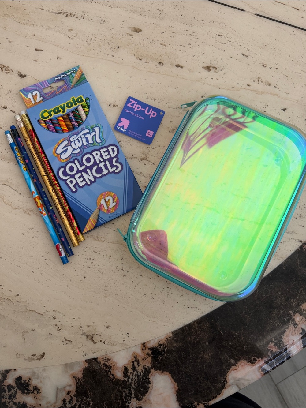 NWT Iridescent Zip-Up Pencil Case - 12 Pack colored swirl pencils & 4 Pencils